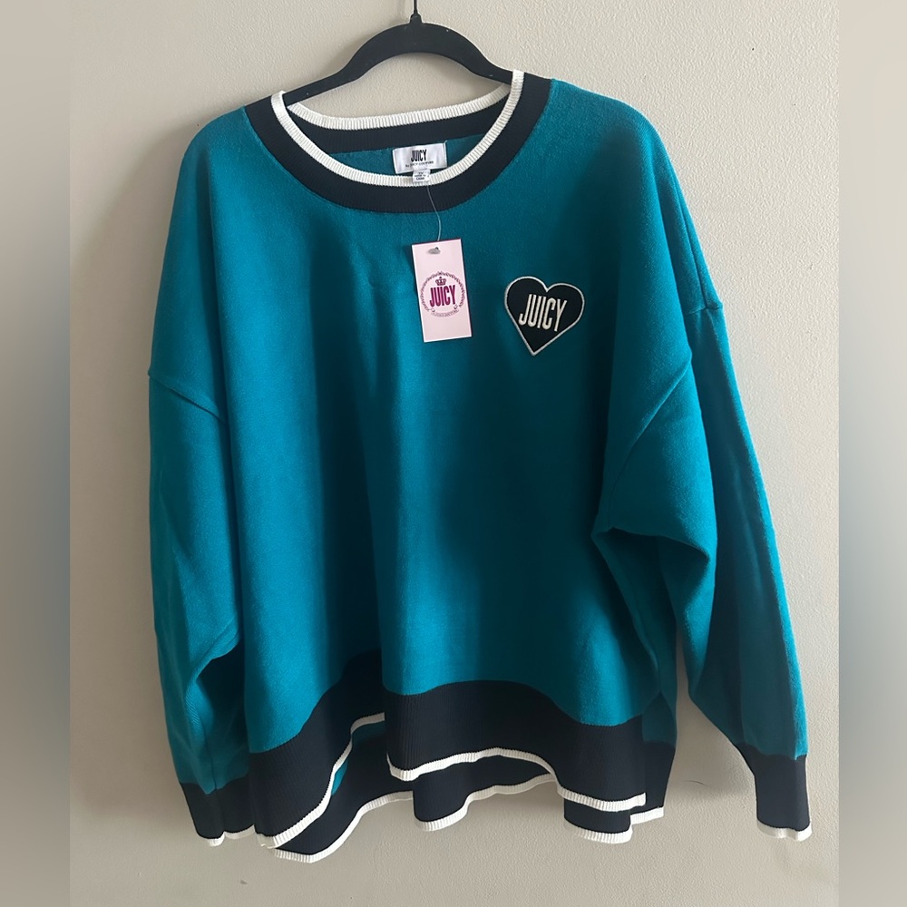NWT Juicy Couture Teal Crewneck Sweater with Heart Patch Size 3X